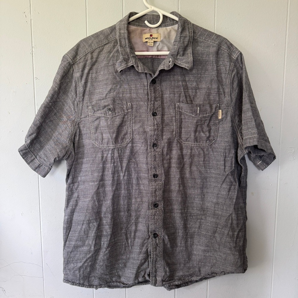 Woolrich Mens XXL Grey Short Sleeve Button Down‎ Cotton Shirt Chambray Casual